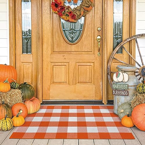 KOZYFLY Buffalo Plaid Rug 27.5x43 Inches Orange and White Checke Orange Rug Halloween Fall Door Mat Woven Cotton Washable Area Rugs Door Mat Outdoor Entrance for Front Porch Entryway Fall Farmhouse
