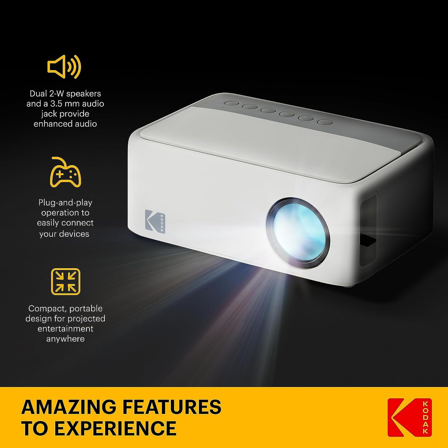 KODAK FLIK X1 Mini Pico Projector, Compact 100" Mini Projector with Remote Control & Speakers