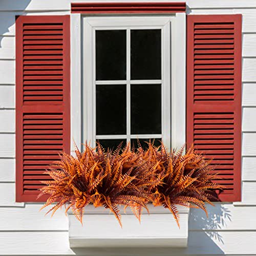 12 Bundles Artificial Fall Plants, Fake Boston Fern Greenery Outdoor UV Resistant No Fade Faux Plastic Plants Garden Porch Window Box Decorating(Fall Boston Fern)