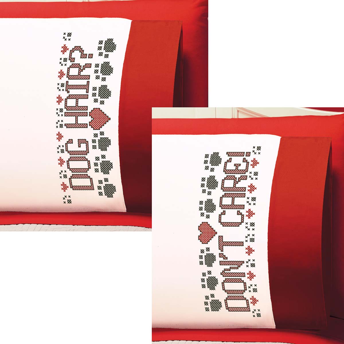 Herrschners Dog Hair Don't Care Pillowcase Pair Stamped Cross-Stitch