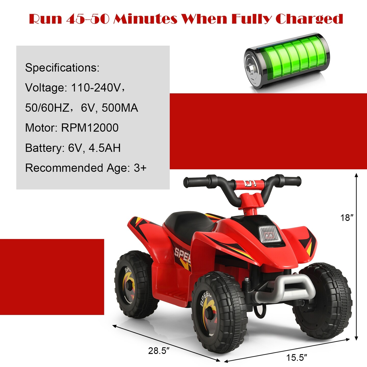 6V Kids Electric 4 Wheels Ride-On Toy with Wear-Resistant Wheels for Indoor Outdoor Use