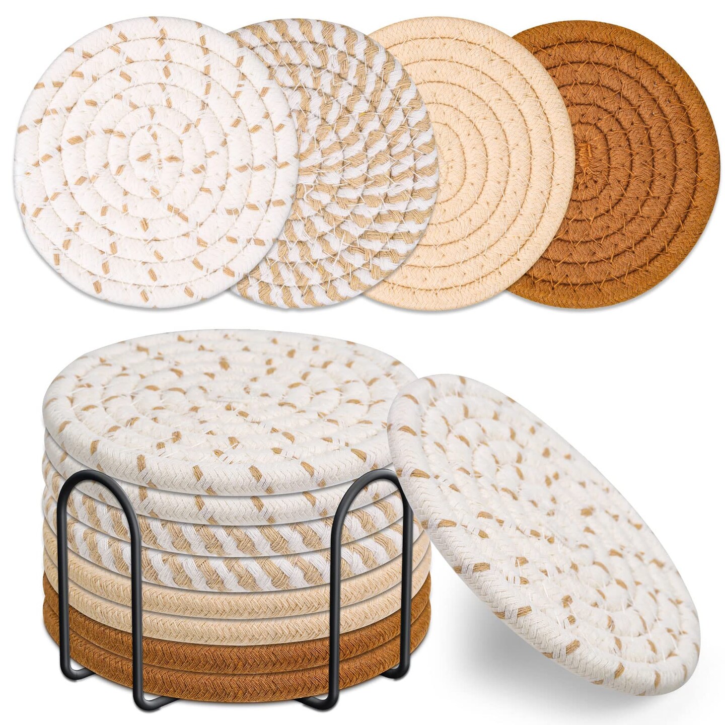 8 Pcs Drink Coasters with Holder, 4 Colors Absorbent Coasters for Drinks, Minimalist Cotton Woven Coaster Set for Home Decor Tabletop Protection Suitable for Kinds of Cups, 4.3 Inches.(NO.2)