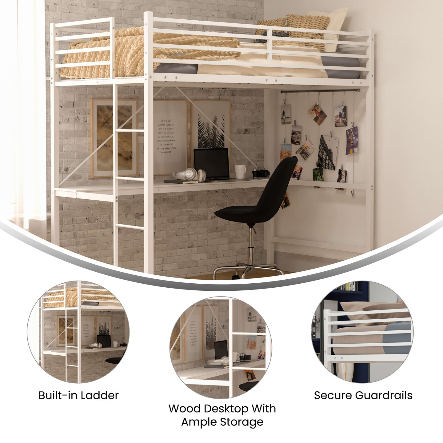 Emma and Oliver Jensen Metal Loft Bed Frame with Desk, Protective Guard Rails and Ladder for Kids, Teens and Adults