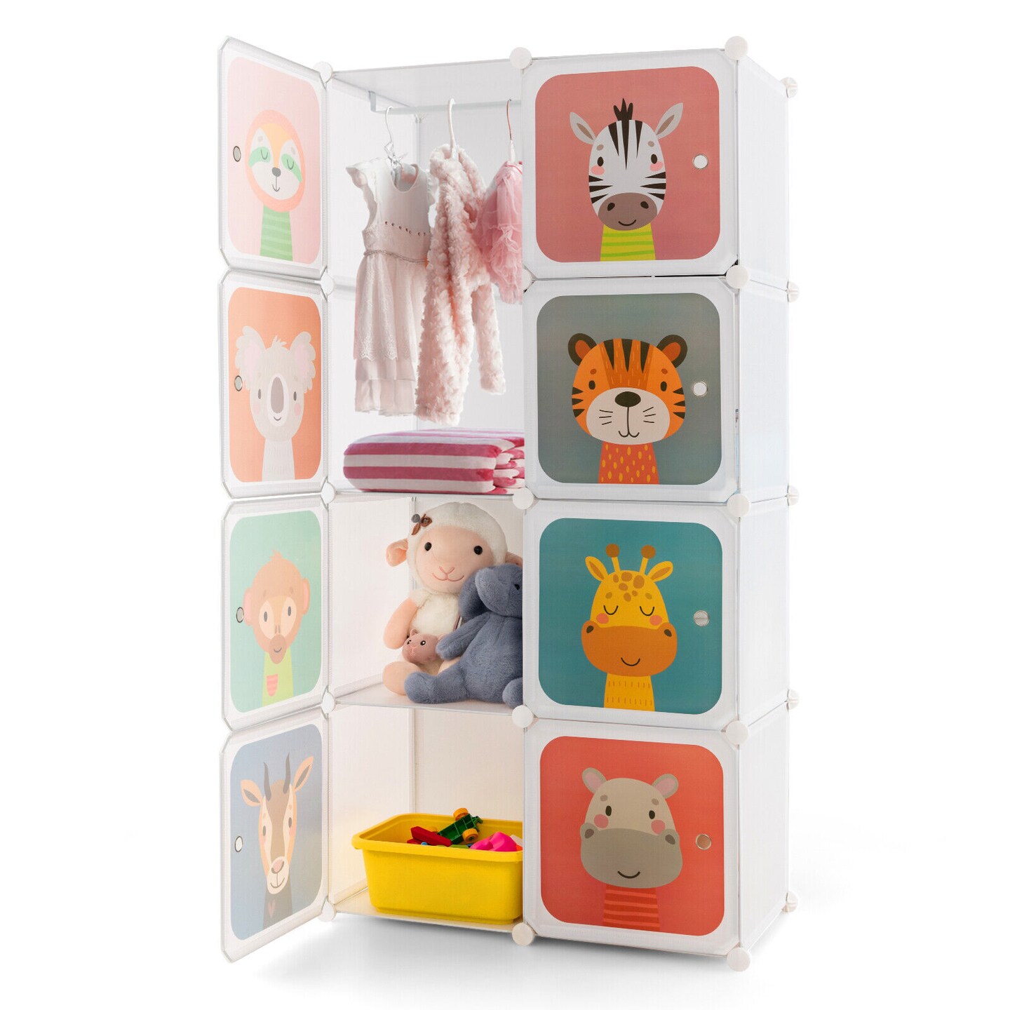 Kids Portable Multi-Cube Closet Storage Cabinet with Cartoon Doors and Sturdy Metal Wires Connections