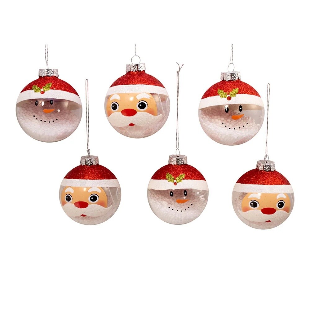 KSA 6ct Clear and Red Santa and Snowman Glass Christmas Ball Ornaments 3" (80mm)