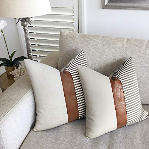 cygnus Set of 2 Farmhouse Decor Stripe Patchwork Linen Throw Pillow  Covers,Modern Tan Faux Leather Accent Pillow Covers 18x18 inch,Gray