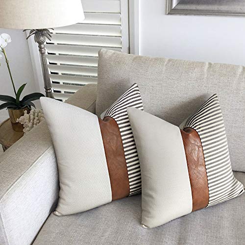 cygnus Set of 2 Farmhouse Decor Stripe Patchwork Linen Throw Pillow Covers,Modern Tan Faux Leather Accent Pillow Covers 18x18 inch,Gray