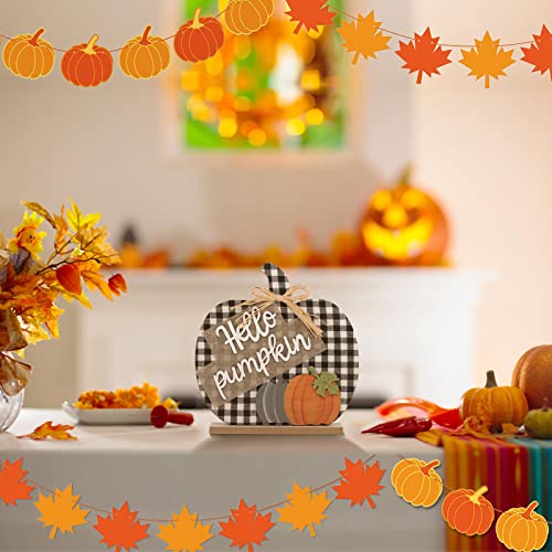 Fall Hello Pumpkin Sign Decorations, 12&#x22;/30CM Wooden Autumn Buffalo Plaid Tabletop Decor, for Home Farmhouse Living Room Harvest Day Thanksgiving Decor.