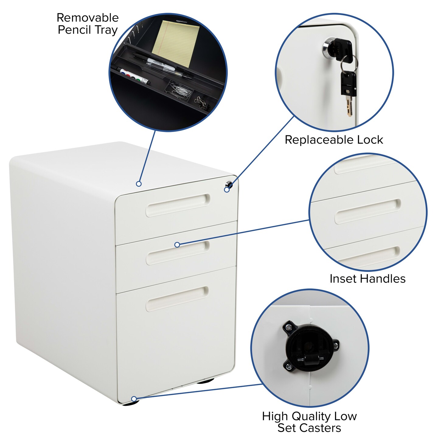 Emma and Oliver Ergonomic 3-Drawer Mobile Locking Filing Cabinet Storage Organizer