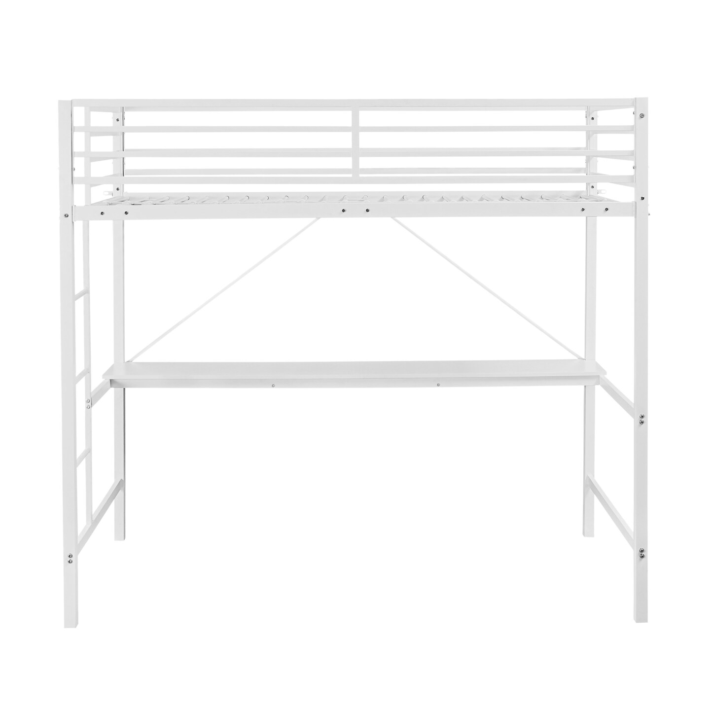 Emma and Oliver Jensen Metal Loft Bed Frame with Desk, Protective Guard Rails and Ladder for Kids, Teens and Adults