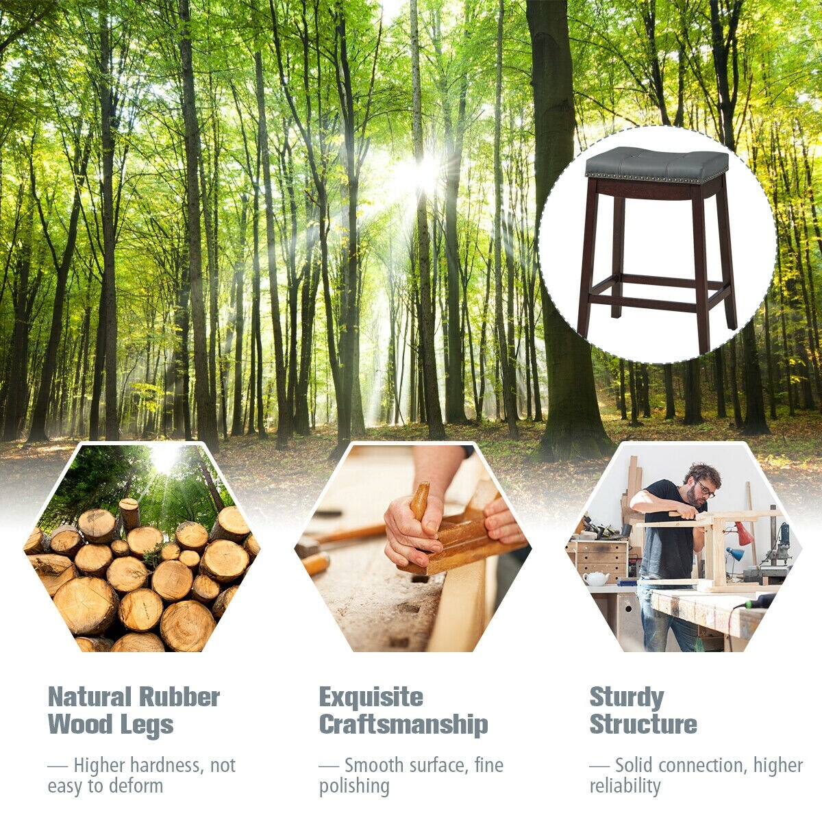 Set of 2 Backless Bar Stools with Nail head Padded Saddle Seat and Rubber Wood Legs