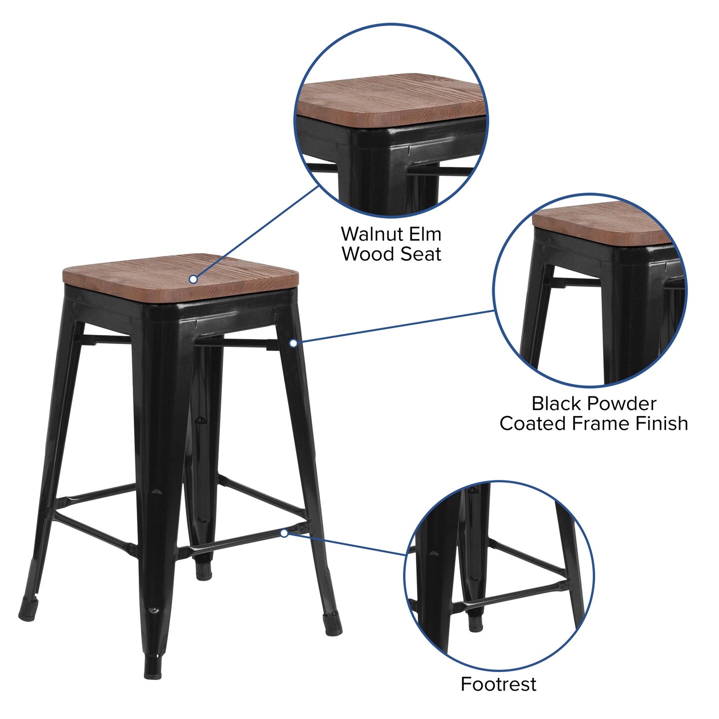 Merrick Lane Dalton Series Backless Metal Dining Stool with Wooden Seat for Indoor Use
