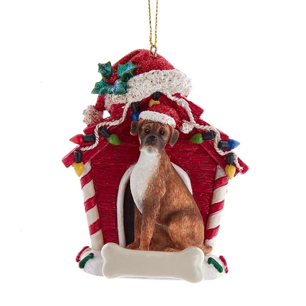 KSA Pack of 6 Red and Brown Boxer with Dog House Christmas Ornaments 4&#x22;