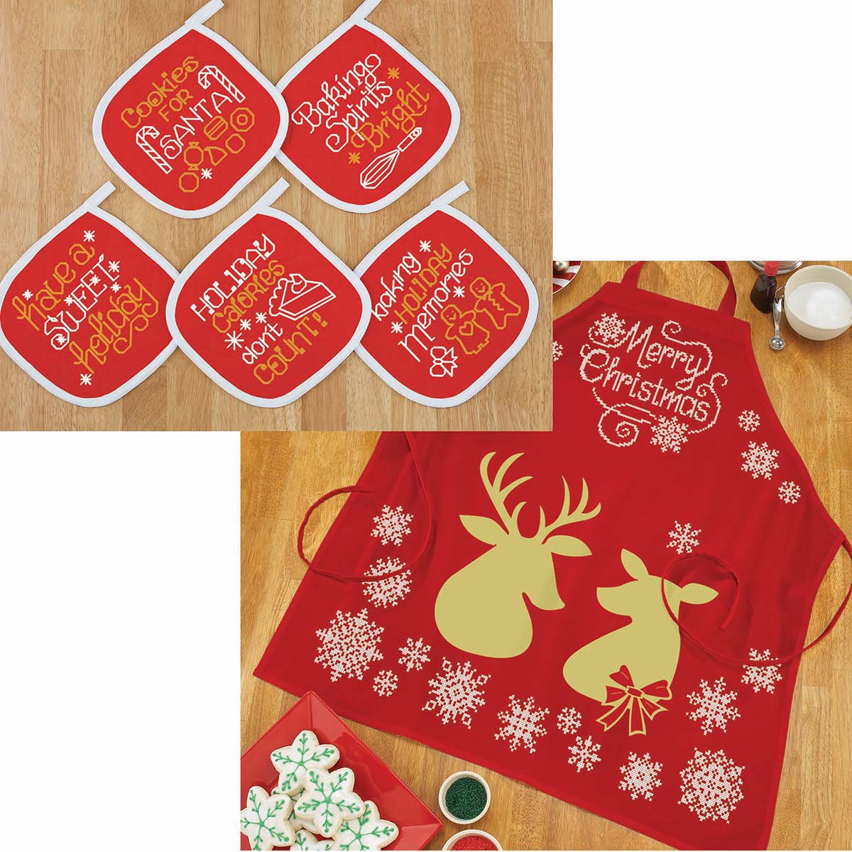 Herrschners Holiday Apron & Potholders Set Stamped Cross-Stitch