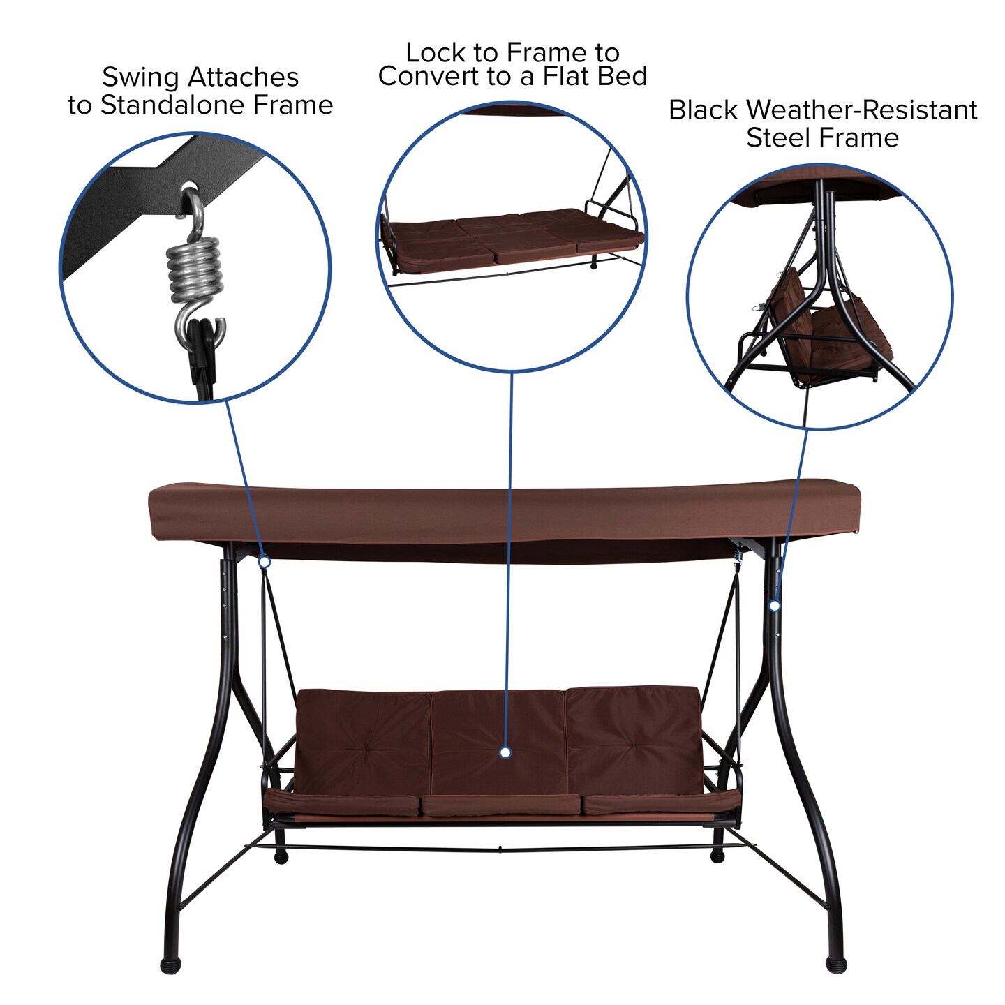 Emma and Oliver 3-Seat Outdoor Steel Converting Patio Swing and Bed Canopy Hammock