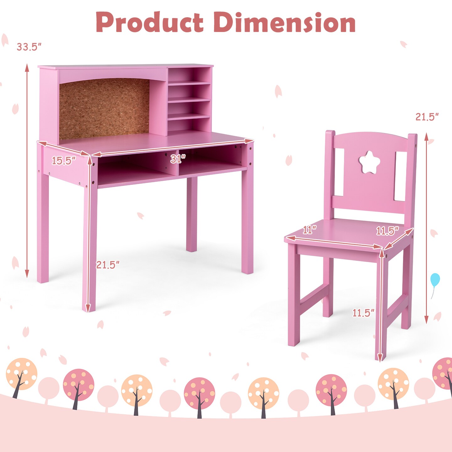 Kids Wooden Desk and Chair Set with 4-tier Storage Shelves and 2 Open Drawers