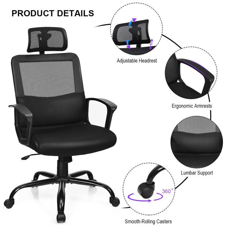 Black Mesh Office Chair Ergonomic Massage Lumbar Support Adjustable Headrest