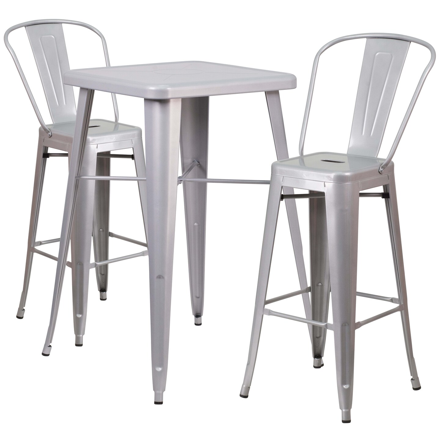 Emma and Oliver Commercial Grade 23.75" Square Metal Indoor-Outdoor Bar Table Set, 2 Back Stools