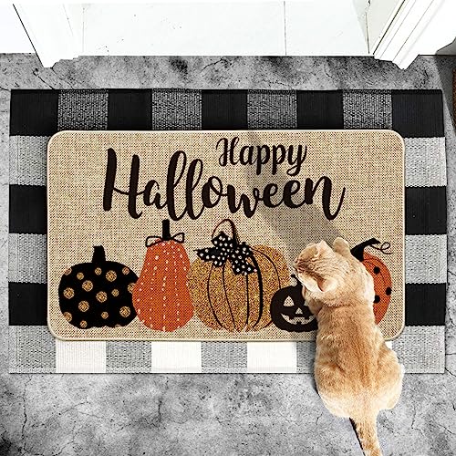 Artoid Mode Happy Halloween Pumpkins Decorative Doormat, Seasonal Fall Halloween Party Low-Profile Floor Mat Switch Mat for Indoor Outdoor 17 x 29 Inch