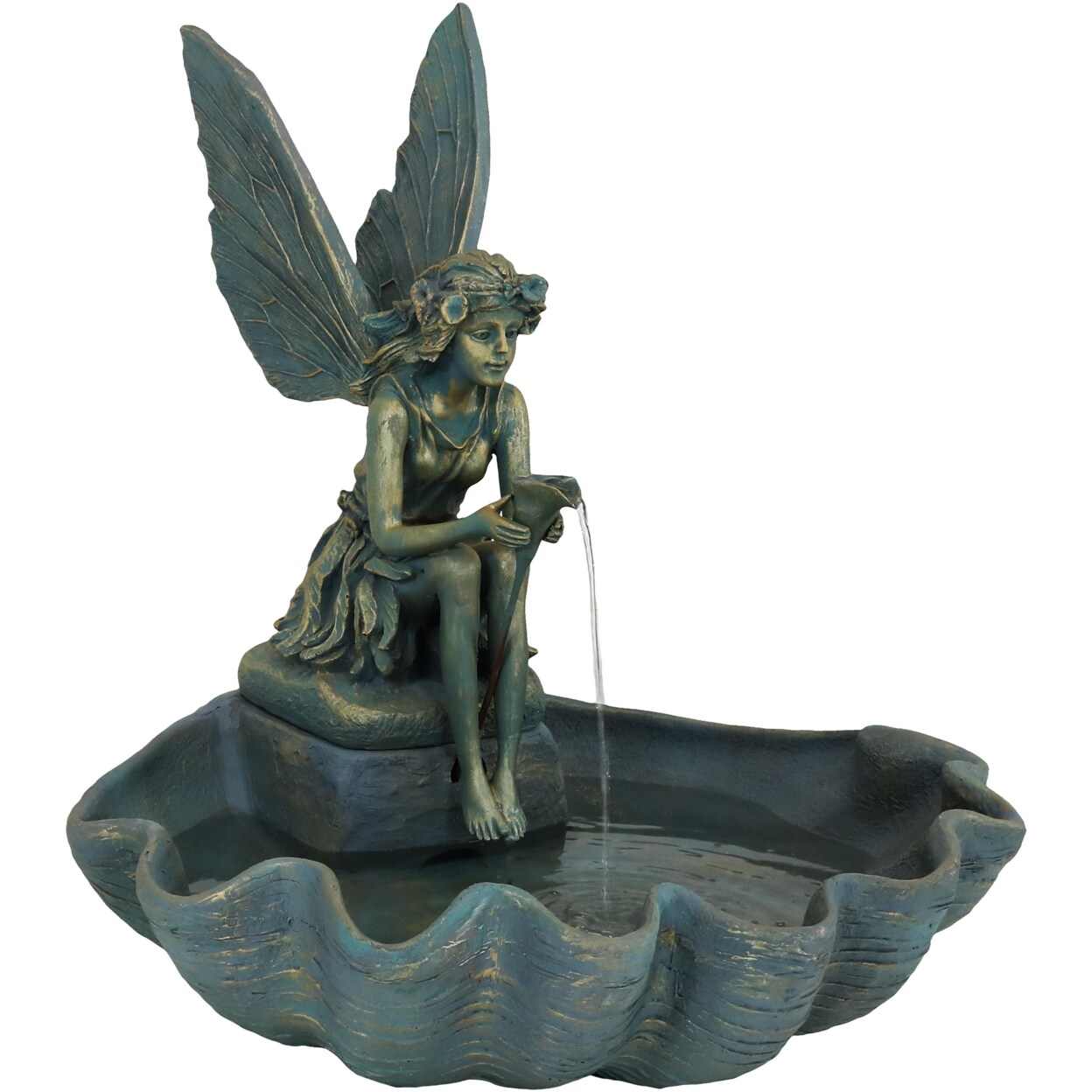 Sunnydaze Fiberglas Bronze Fairy Shell Outdoor Water Fountain - 30 In