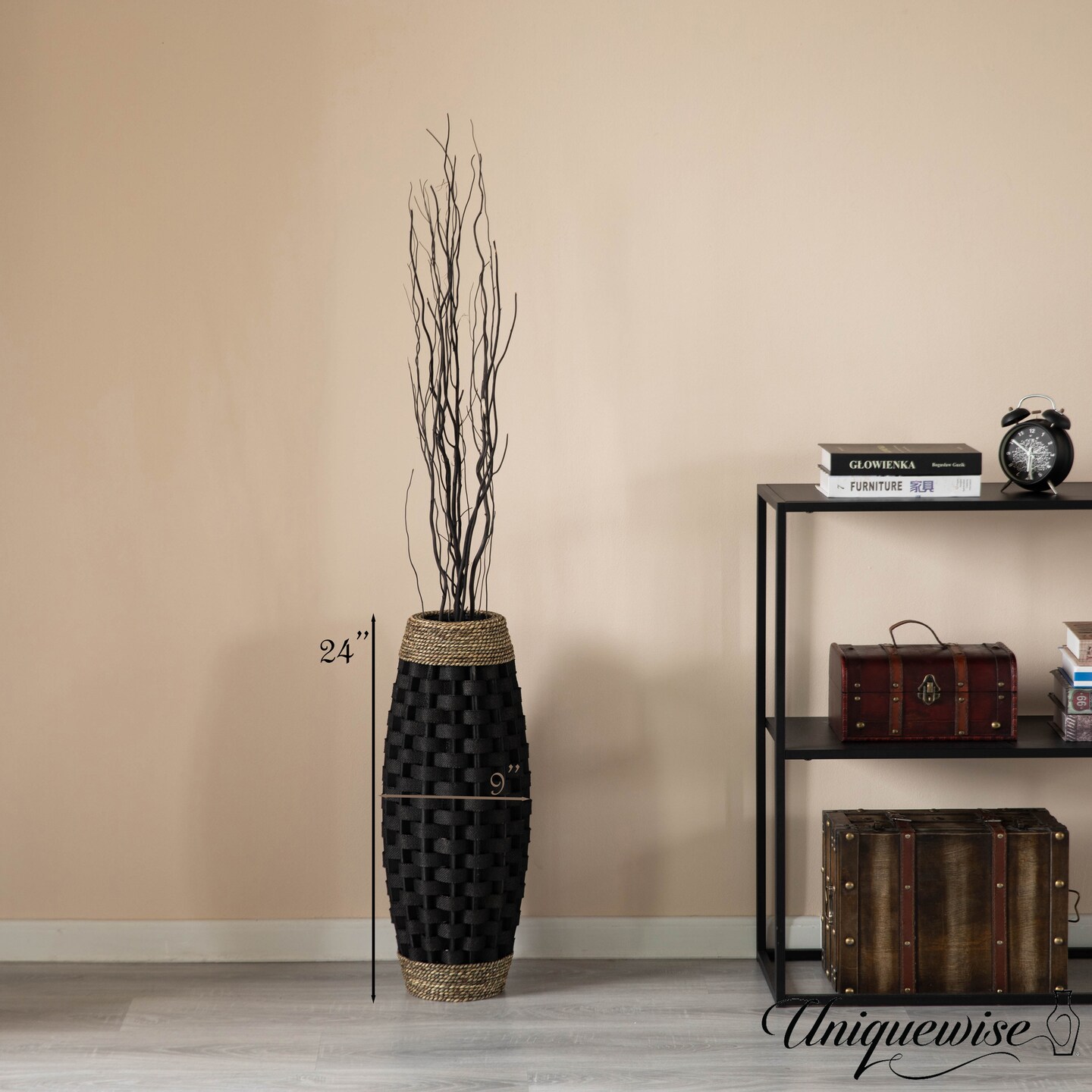 Rustic Tall Floor Vase - 24-inch Handcrafted Black Woven Vase, Decorative Accent for Home Decor, Living Room, and Entryway, Ideal for Displaying Flowers, Pampas Grass, and Dried Florals and Branches