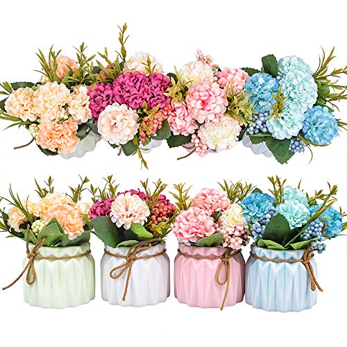 Artificial Flower Plants – Mini Fake Hydrangea Flowers in Pot for Home Decor Party Wedding Office Patio Table Desk Decoration, Set of 4, 3.3''(D) x 5.5''(H)