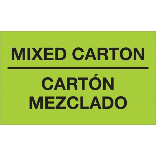 Tape Logic Bilingual Labels, &#x22;Mixed Carton - Carton Mezclado&#x22;, 3&#x22; x 5&#x22;, Fluorescent Green, 500/Roll