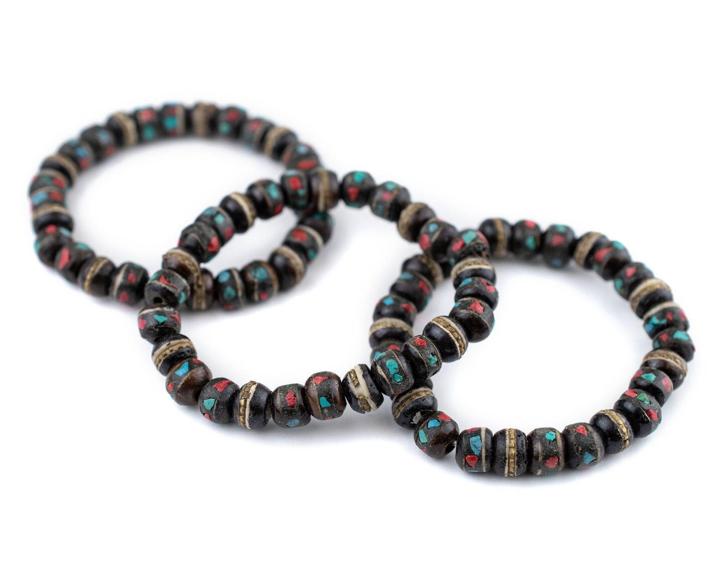 TheBeadChest Mala Stretch Bracelet, Black - Stackable Nepal Bone Inlaid with Turquoise &#x26; Coral Colors, 100% Authentic and Genuine