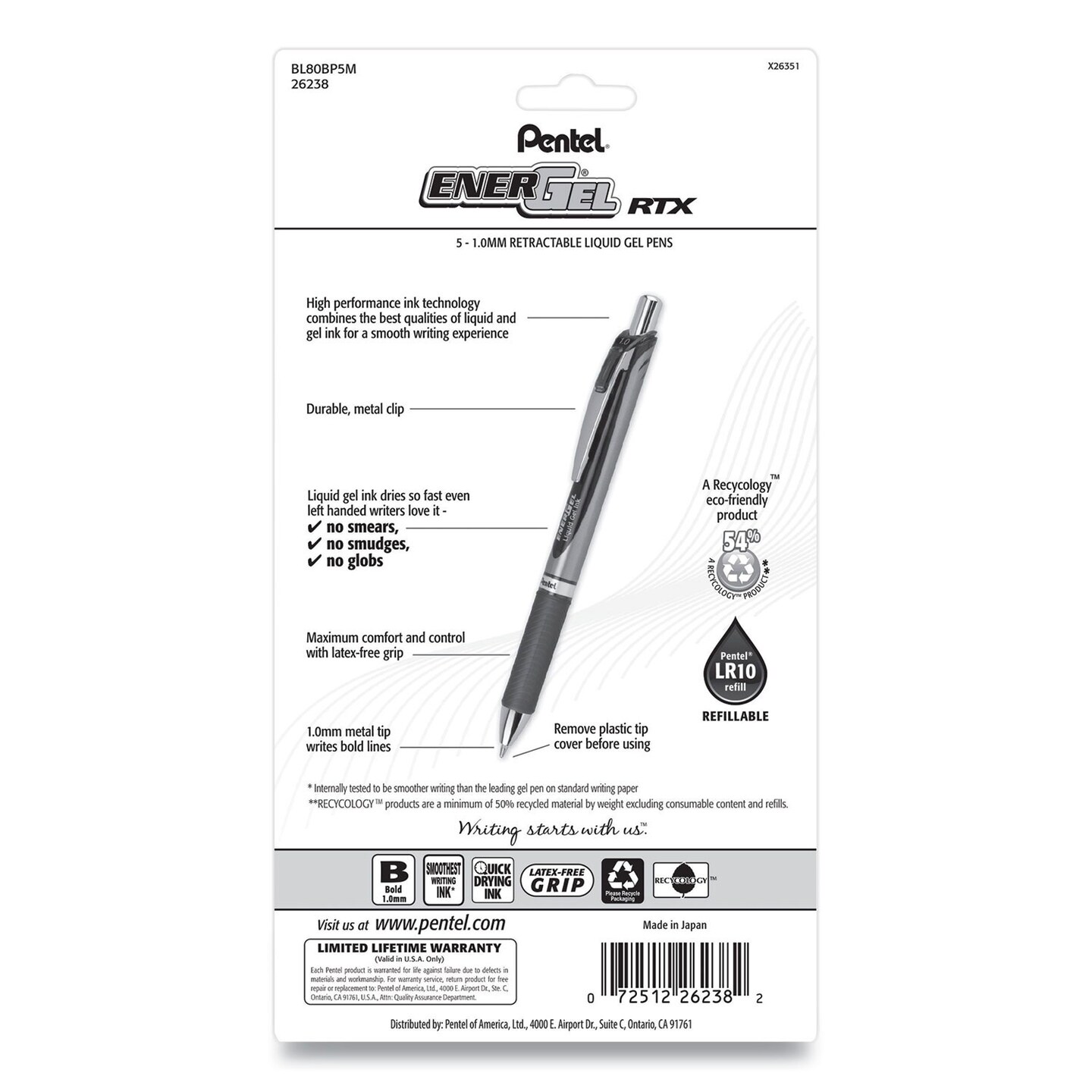 Pentel EnerGel RTX Gel Pen, Retractable, Bold 1 mm, Assorted Ink and Barrel Colors, 5/Pack