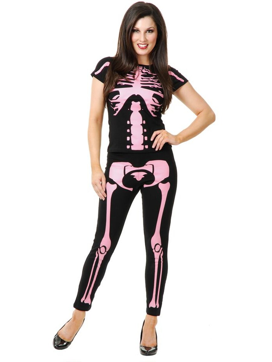 Womens Black and Pink Skeleton Leggings and T-Shirt Costume Set