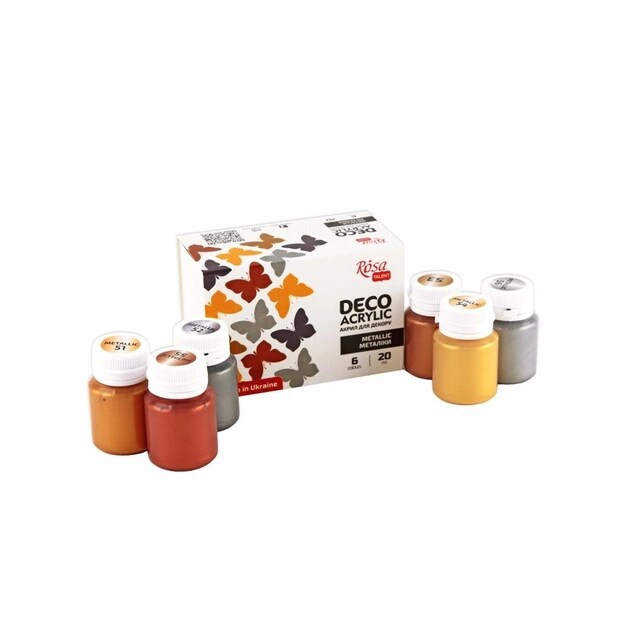 Metallic Decorative Acrylic Paint Set, 6 colors (20ml each) by Rosa Start