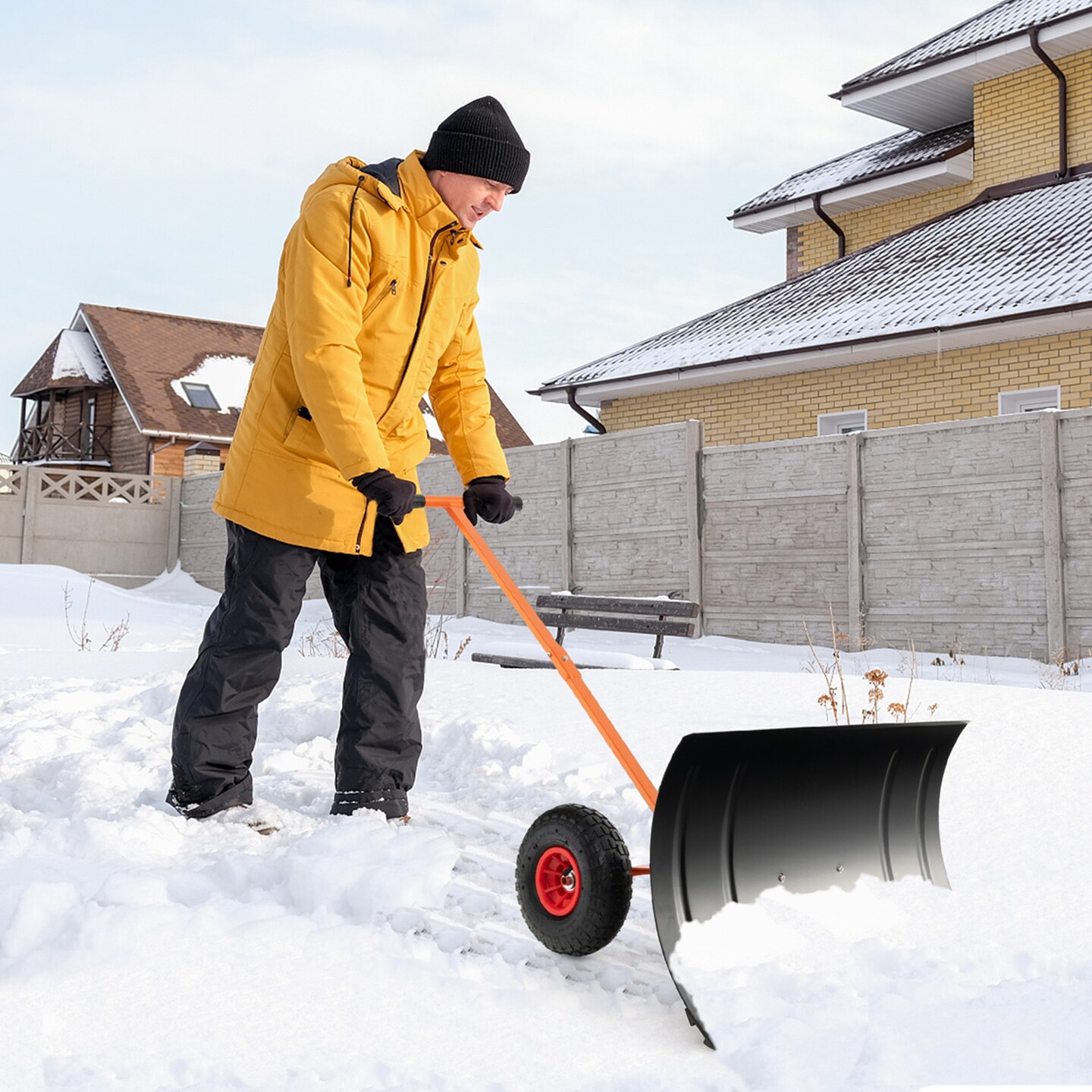 Costway 29" Snow Shovel Heavy-Duty Metal Adjustable Angle & Height Snow Clear with Wheels