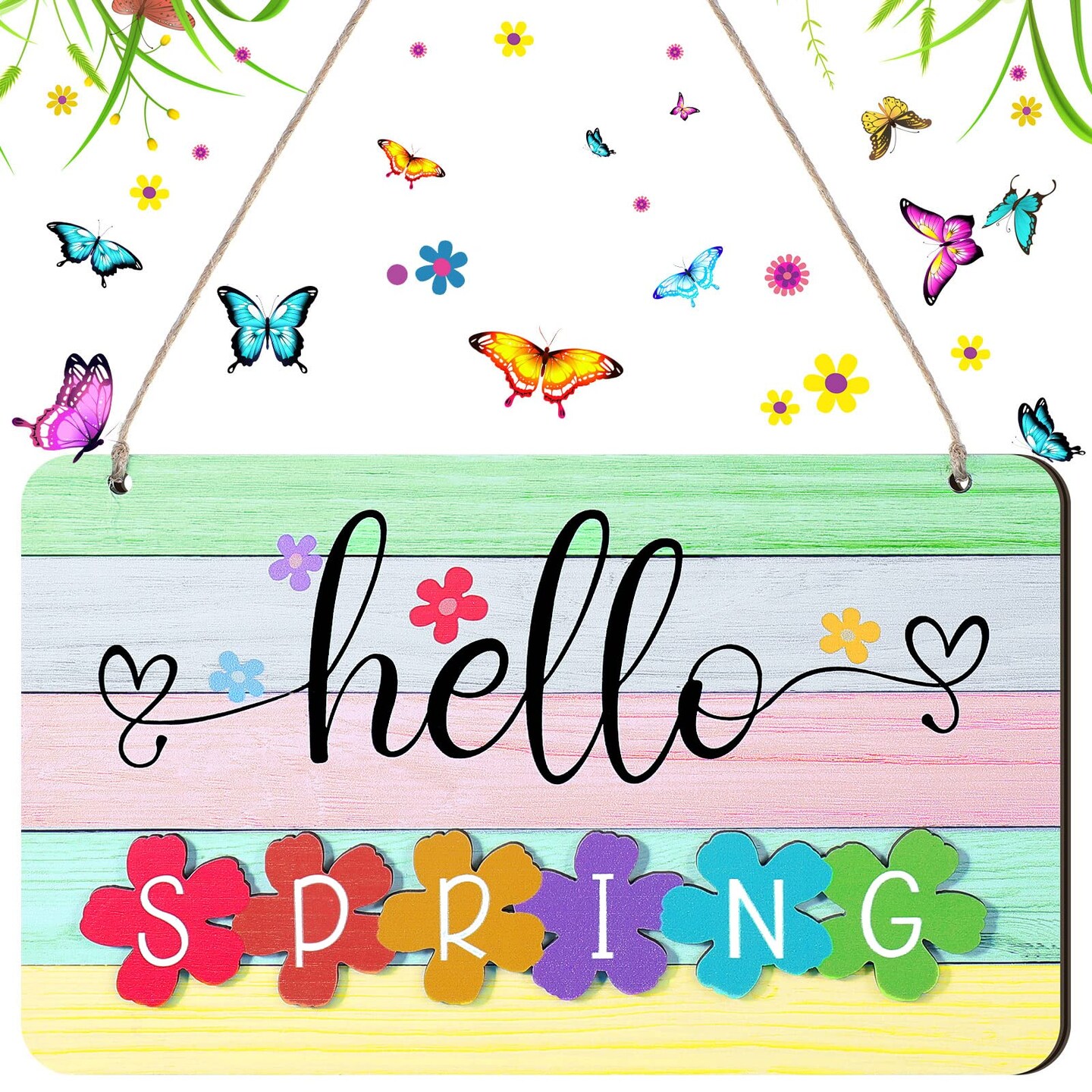 Spring Summer Sign Rustic Wood Decor Farmhouse Wall Hanging Plaque Filleted Corner Wooden Sign for Home Bathroom Indoor Outdoor, 10 x 5.9 Inch(Multi Colors,Spring Style)