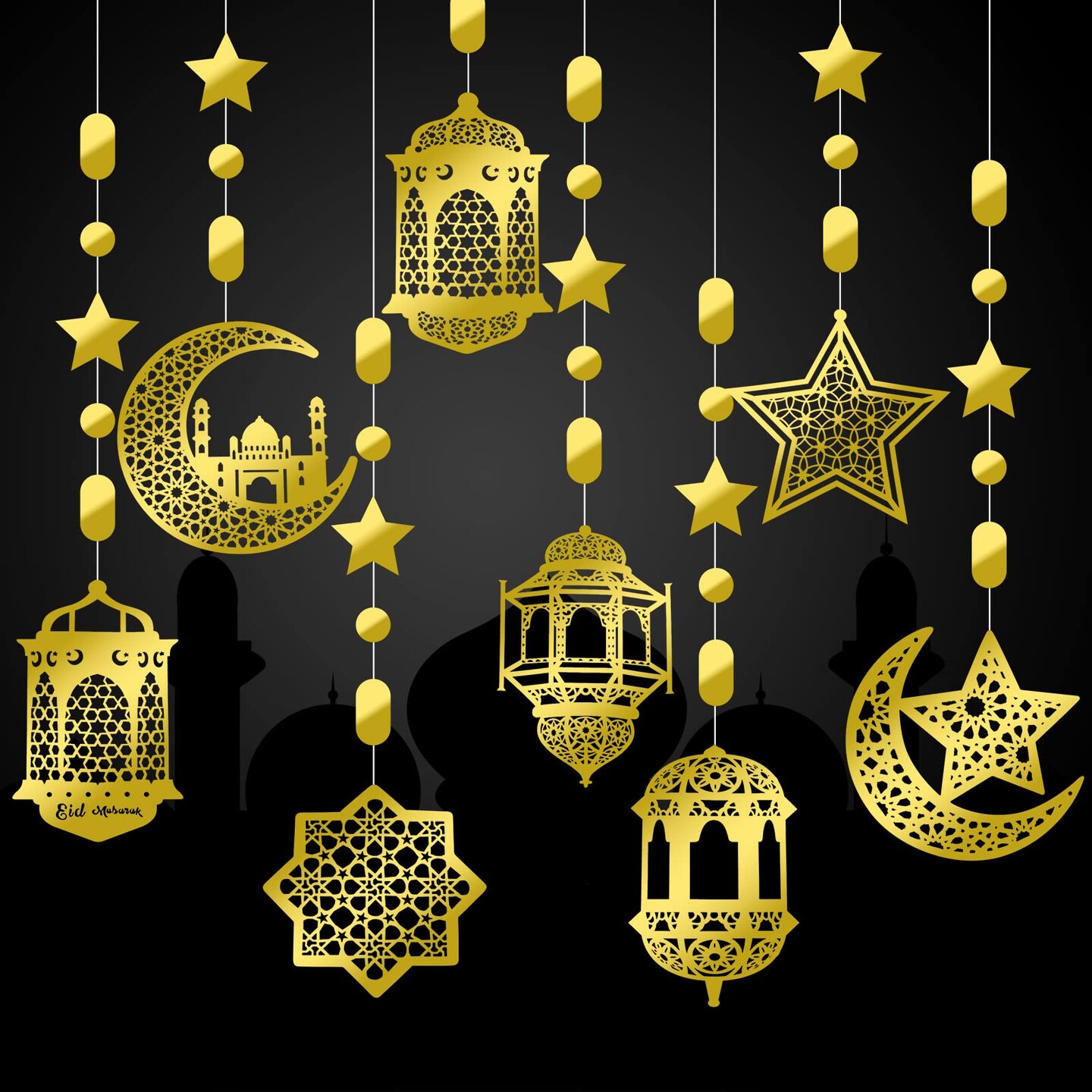 Zonon 24 Pcs Islamic Star Moon Lantern Ramadan Garland Eid Decoration Streamer Ramadan Mubarak Party Banner Backdrop Shining Hanging Wall Decorations for Home Wedding Decor Islam Party(Gold)