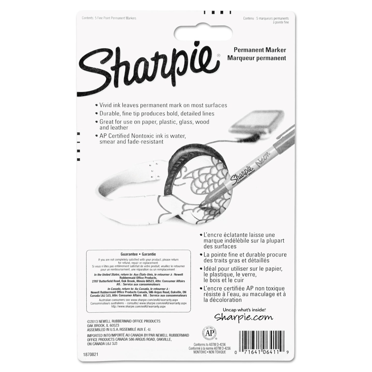 Sharpie Neon Permanent Markers, Fine Bullet Tip, Assorted Colors, 5/Pack