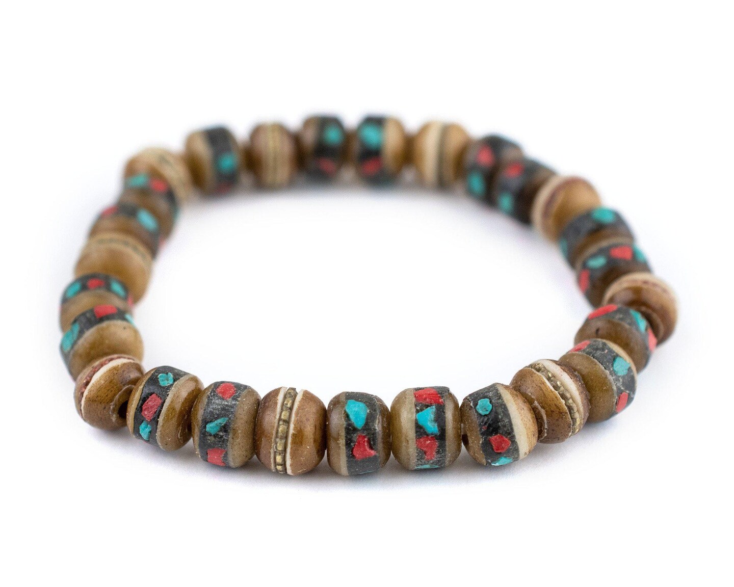 TheBeadChest Mala Stretch Bracelet, Brown - Stackable Nepal Bone Inlaid with Turquoise &#x26; Coral Colors, 100% Authentic and Genuine