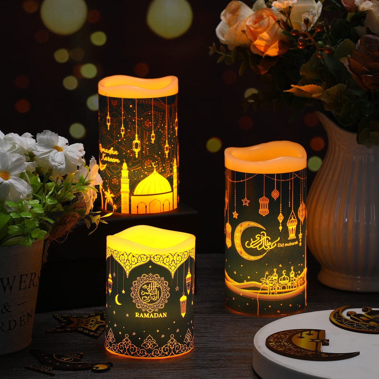 3 PCS Eid Mubarak Flameless LED Candles Lights Eid Decor Candle Lights with Timer Warm White Battery Operated Electric Led Muslim Ramadan Candle Lights for Party Supplies Home Decor