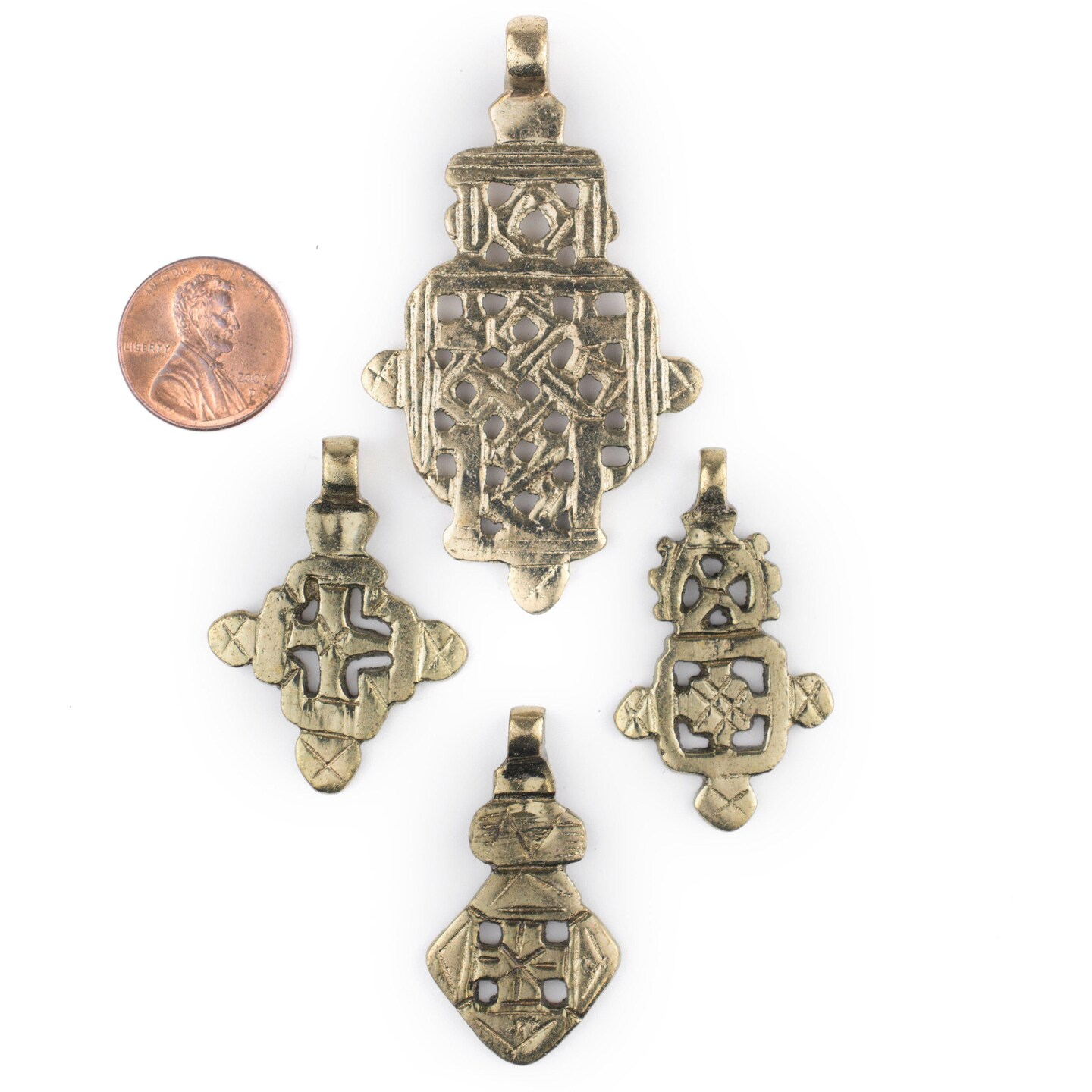 The Bead Chest 4 Pack: Ethiopian Brass Coptic Cross Pendants African Large Hole Handmade