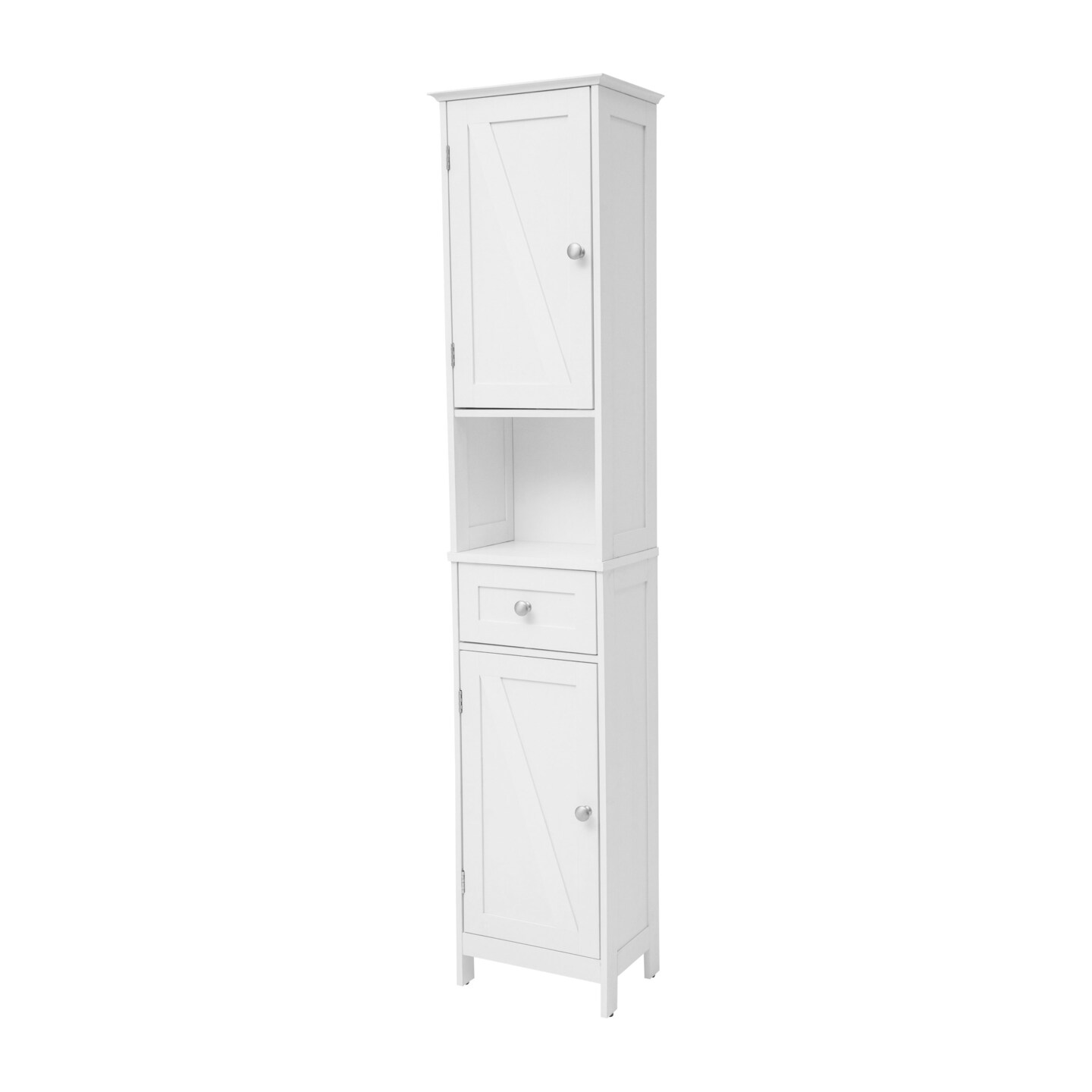 Merrick Lane Delilah Slim Linen Tower Organizer with Storage Drawer, Upper and Lower Cabinets with Magnetic Closure Doors and Open Shelf