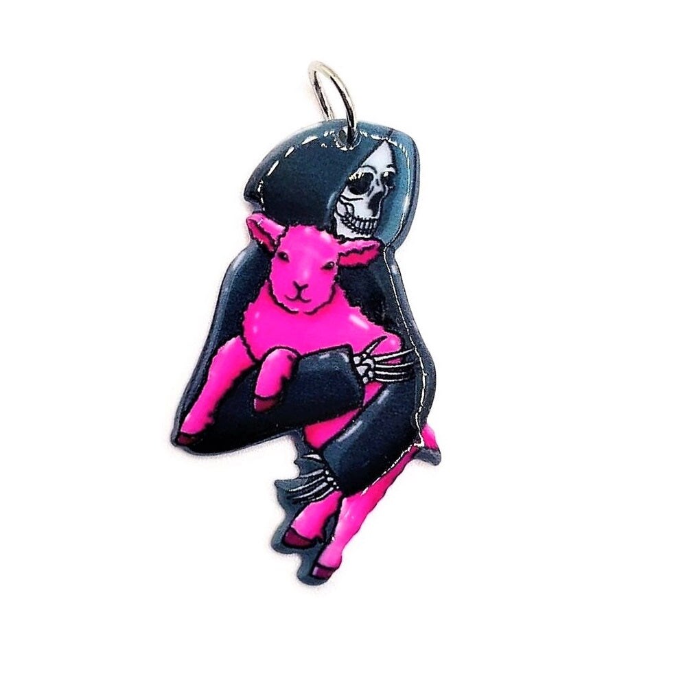 1, 4 or 20 Pieces: Pink Goth Grim Reaper Death with Lamb Charms - Double Sided