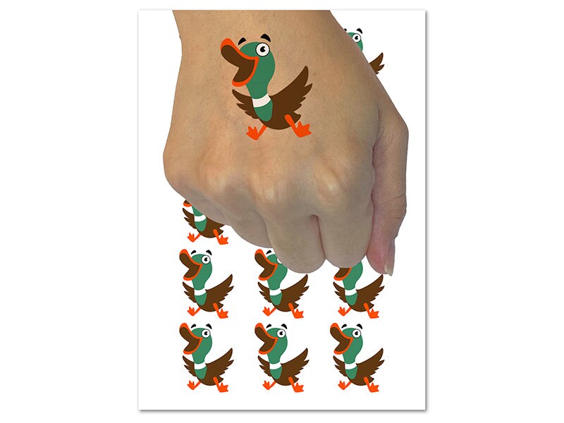 Excited and Happy Mallard Duck Cartoon Temporary Tattoo Water Resistant Fake Body Art Set Collection (1 Sheet)