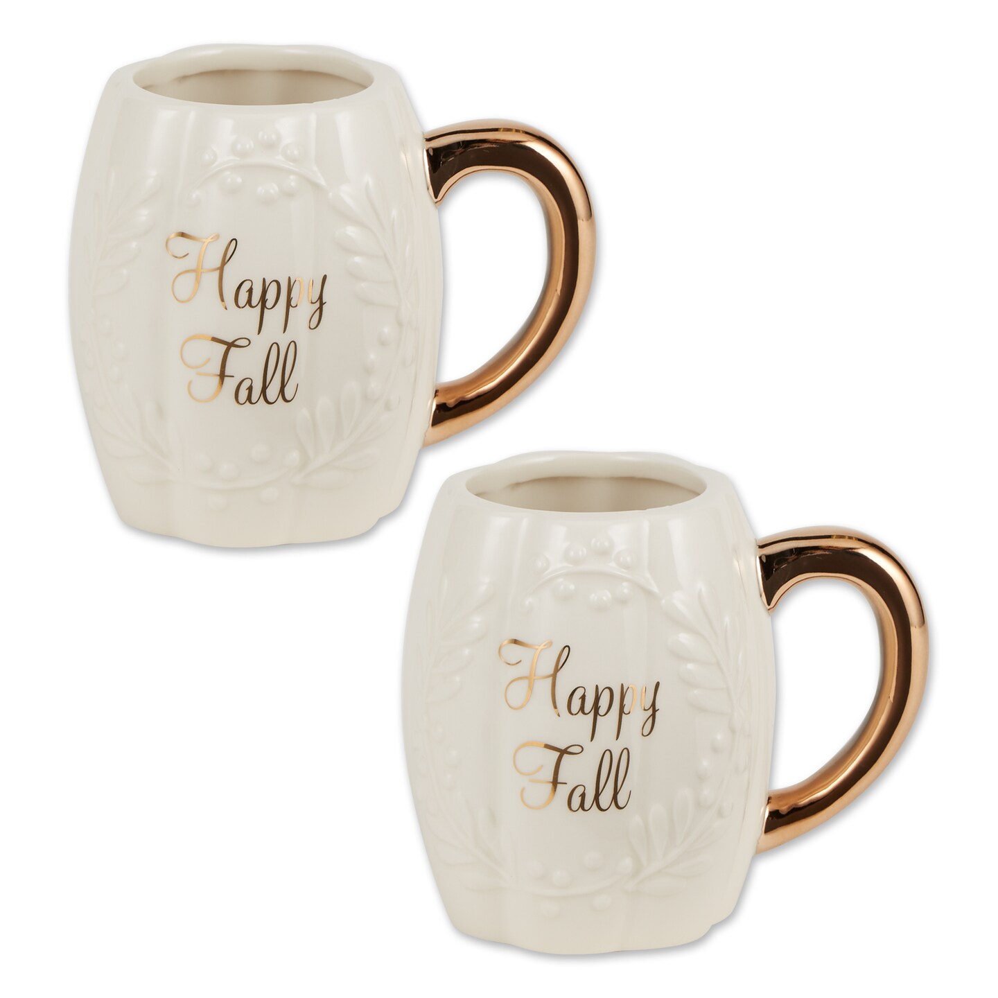 Contemporary Home Living Hand Painted "Happy Fall" Ceramic Mugs - 4.5" - White and Gold - Set of 2