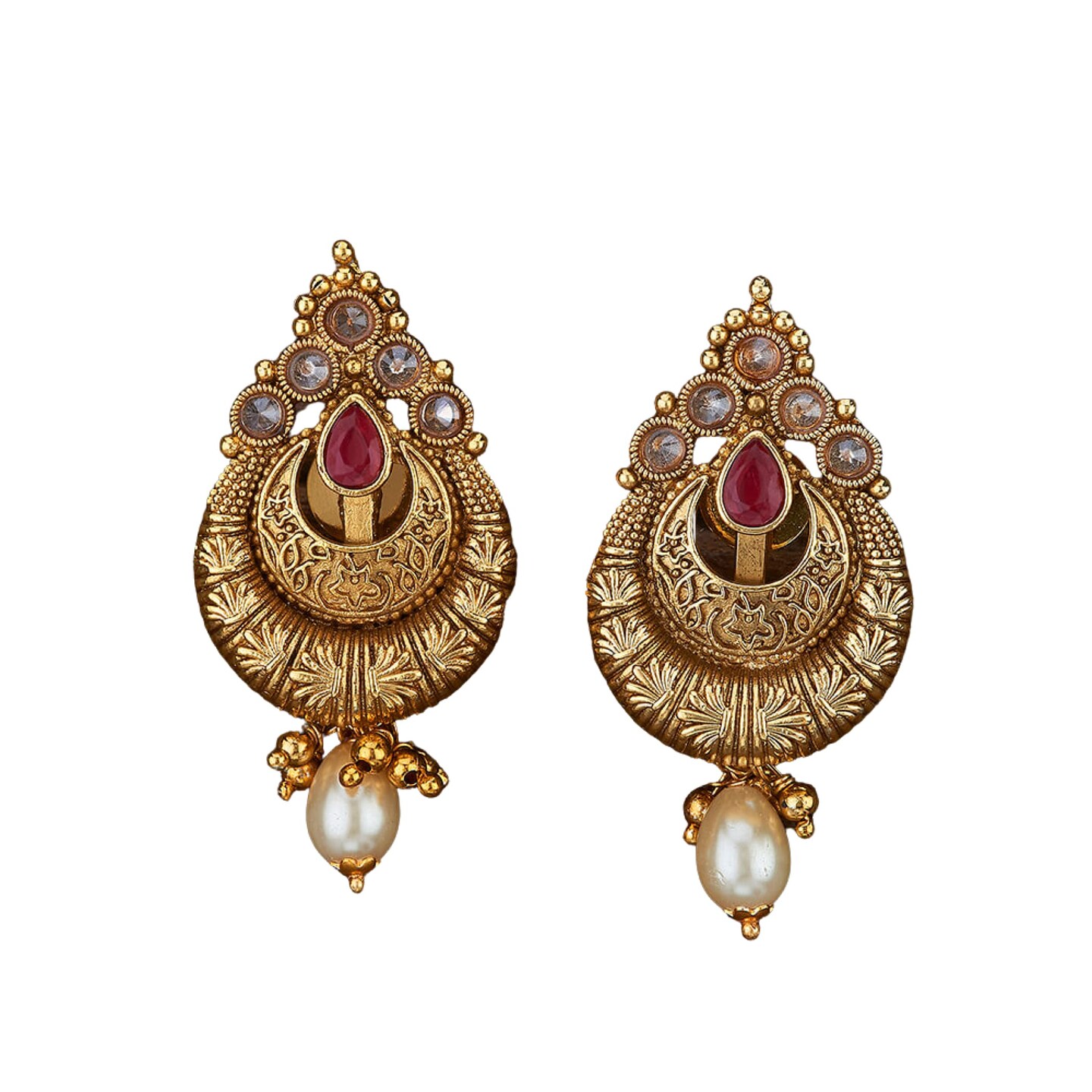 Indian Ethnic Earrings for Women - Traditional South Indian Stud Earrings Gold Plated Vibhati Jhumkas Faux Kundan Dangle Drop Earrings in Gold Tone Ear Jewelry for Bride | Gift for Her