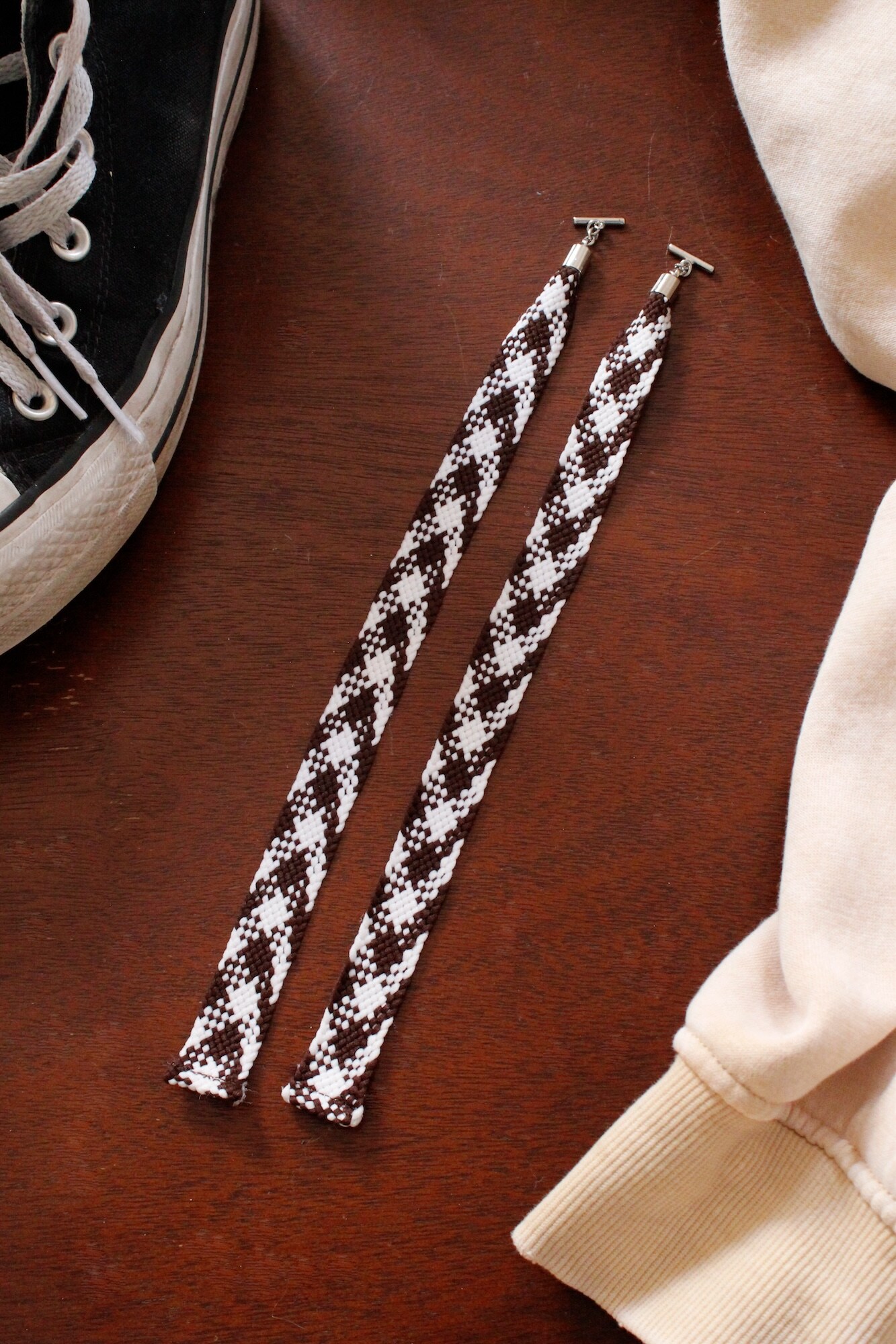 Decorative Hoodie Strings, Shoe Charms WhiteBrown Checkered Knit