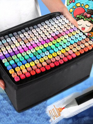 HOTU 100 Kleuren Alcoholmarkers Set Met Draagtas - Twin Markeerstiften Voor Tekening & Graffiti