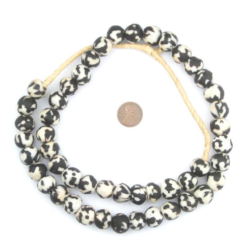 TheBeadChest Black Fused Recycled Glass Beads 14mm Ghana African Black and White Round Large Hole 24 Inch Strand Handmade Fair Trade