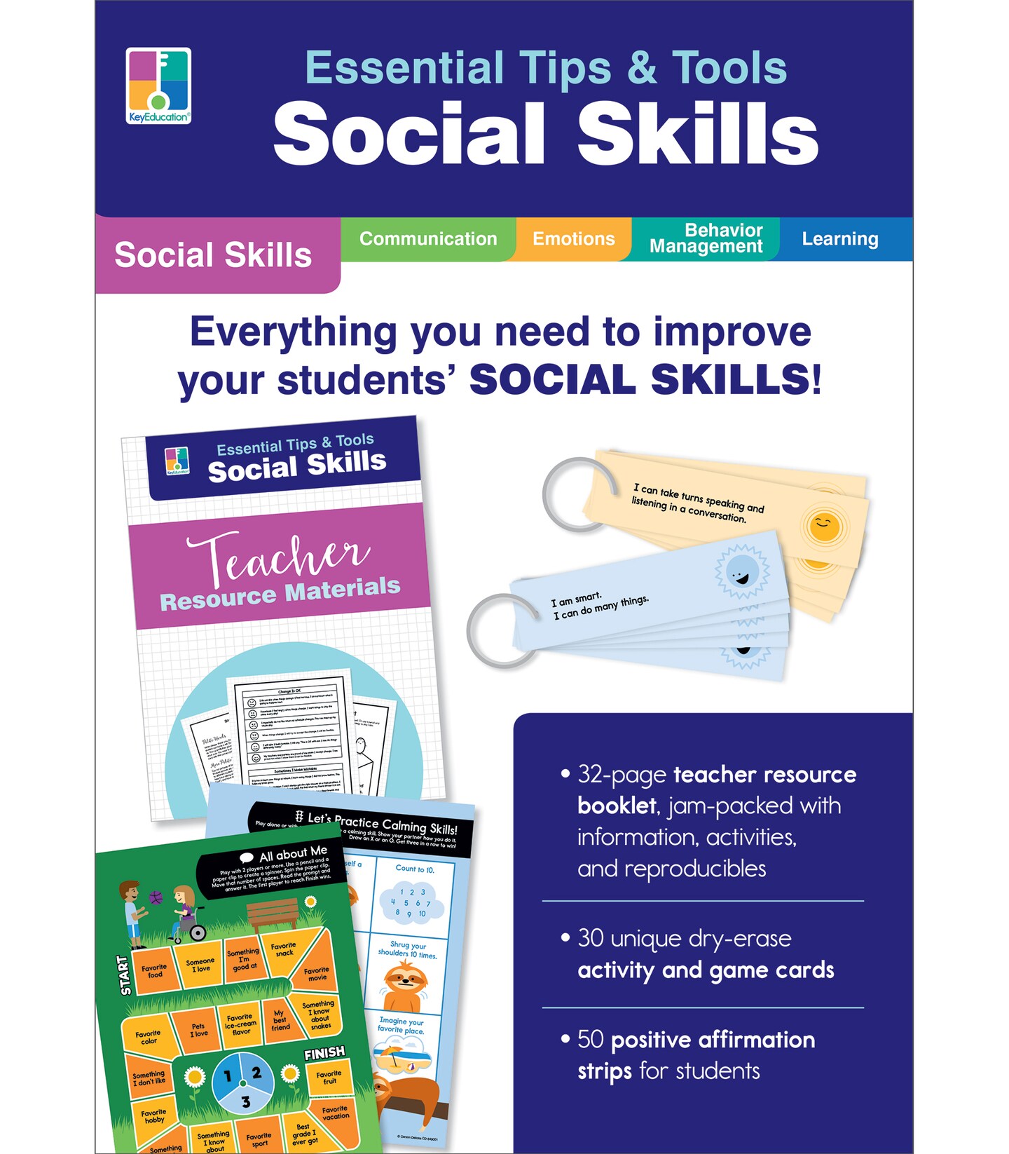 Essential Tips &#x26; Tools: Social Skills Classroom Resources, Behavior Management Flash Cards, Positive Affirmation Strips, Resource Guide Book, For Special Learners of All Grade Levels, PreK+ (81 pc)