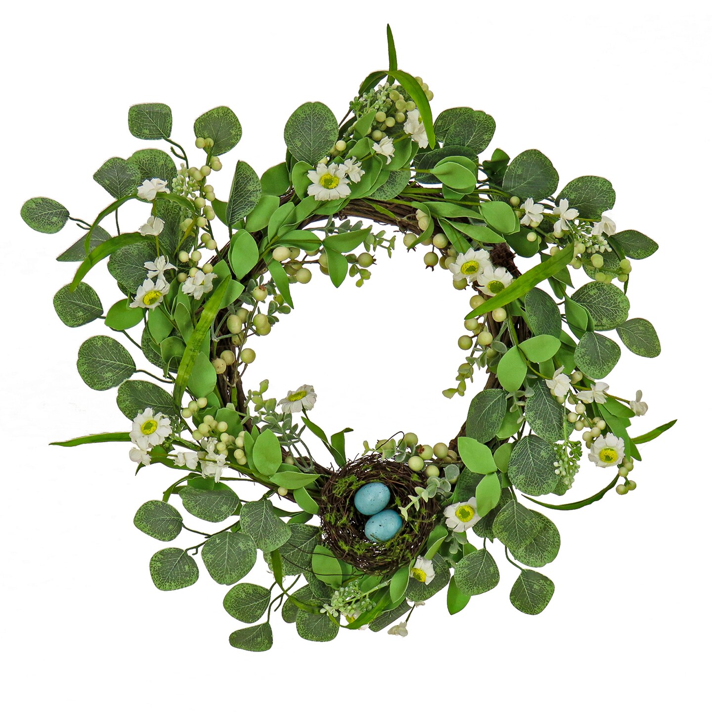 National Tree Company Artificial Spring Wreath, Woven Branch Base, Decorated with Spring Blooms, Berries, Bird&#x27;s Nest with Pastel Eggs, Spring Collection, 20 Inches