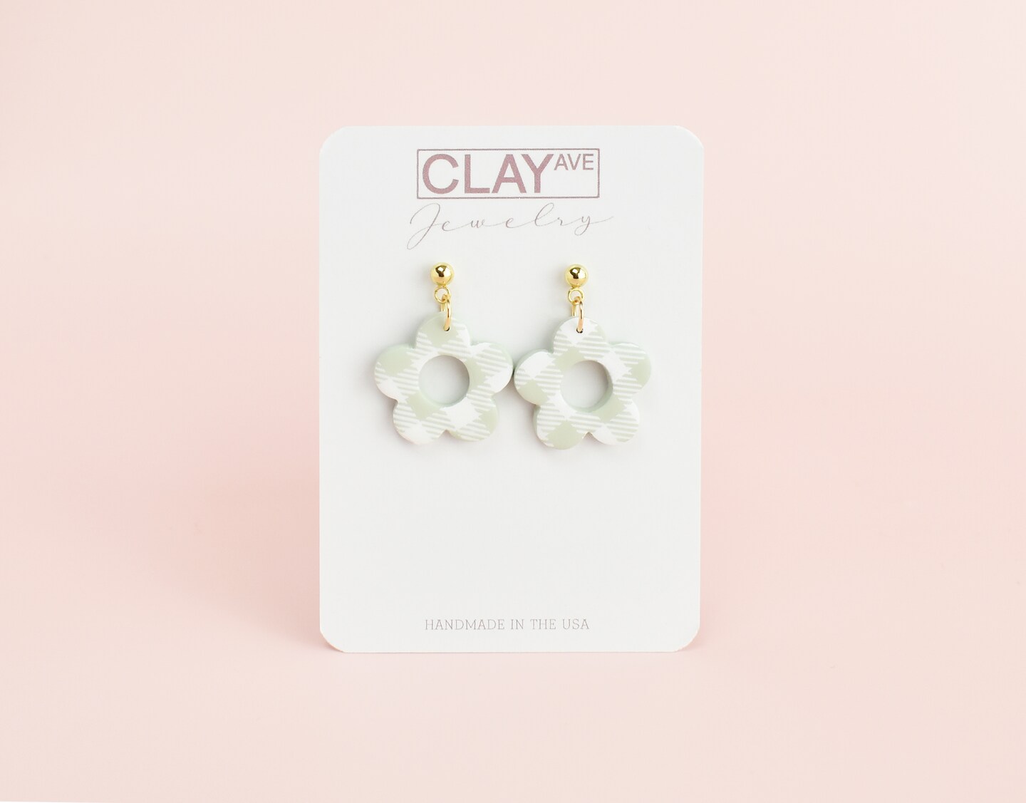 Sage Green and White Plaid Flower Polymer Clay Earrings | Hypoallergenic Handmade Polymer Clay Earrings | Clip-on Earrings Available