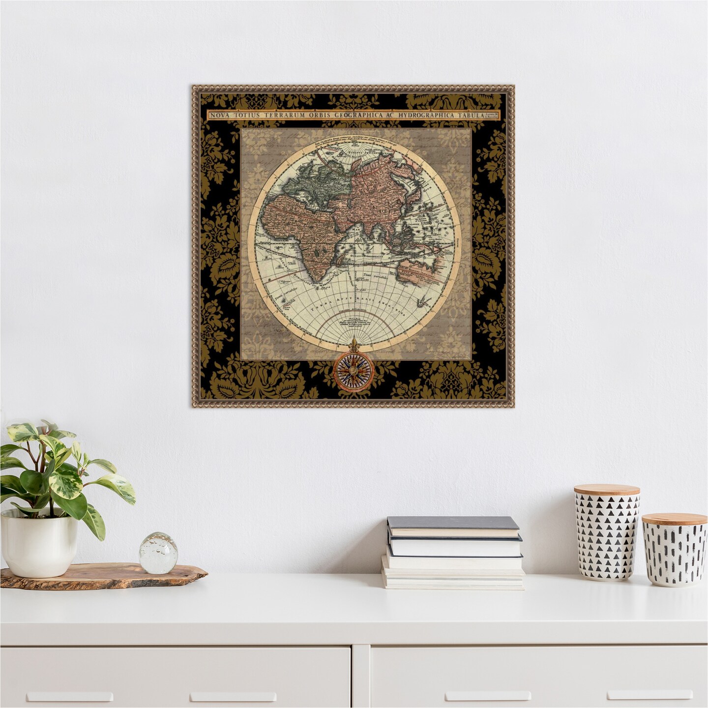 Damask on Black Map I by Elizabeth Medley 22-in. W x 22-in. H. Canvas Wall Art Print Framed in Bronze